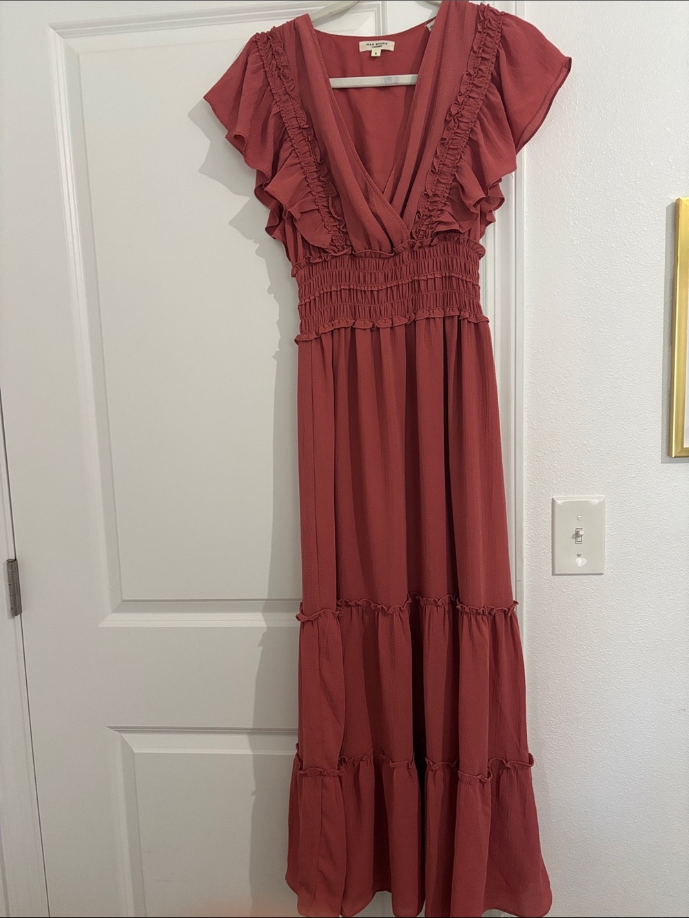 Smocked Ruffle V-Neck Maxi Dress in Coral Pink